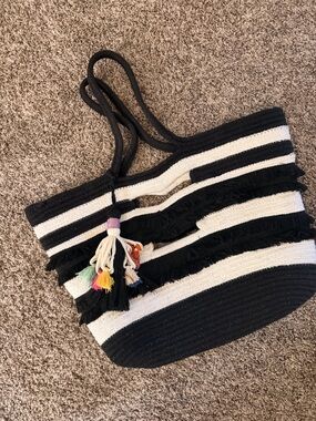 Stella & Dot Black and White Taj Tote with Multicolor Tassel